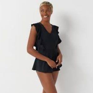 New $89 Sz 14 Denim & Co. Beach Wrap Front Swim Dress with Ruffle Detail Black